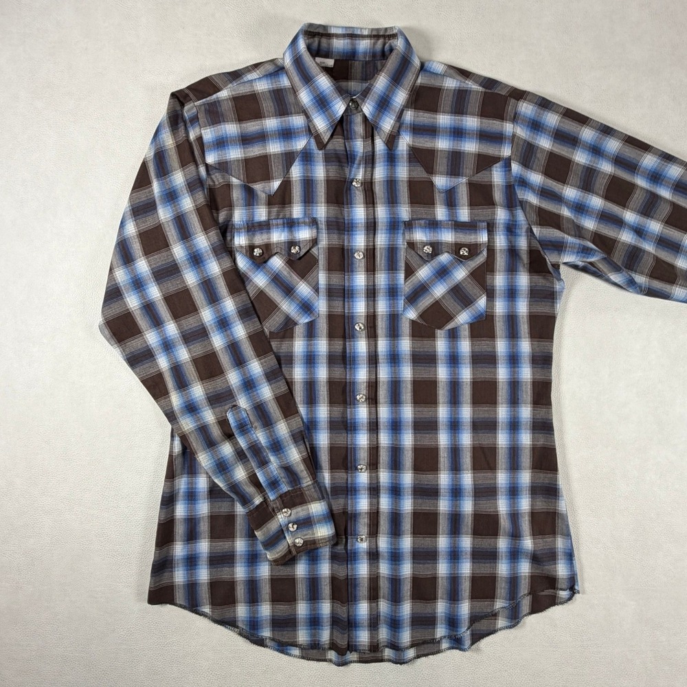 Vintage 70s Dee Cee Mens 15.5-34 Western Pearl Snap Shirt Plaid Brown Blue